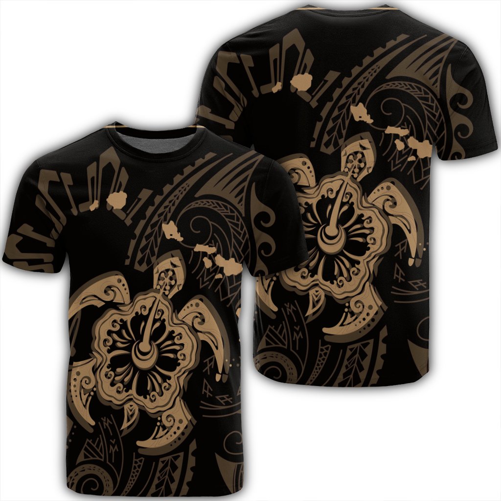Hawaiian Map Kanaka Hibiscus Turtle Gold Polynesian T Shirt Unisex Black - Polynesian Pride