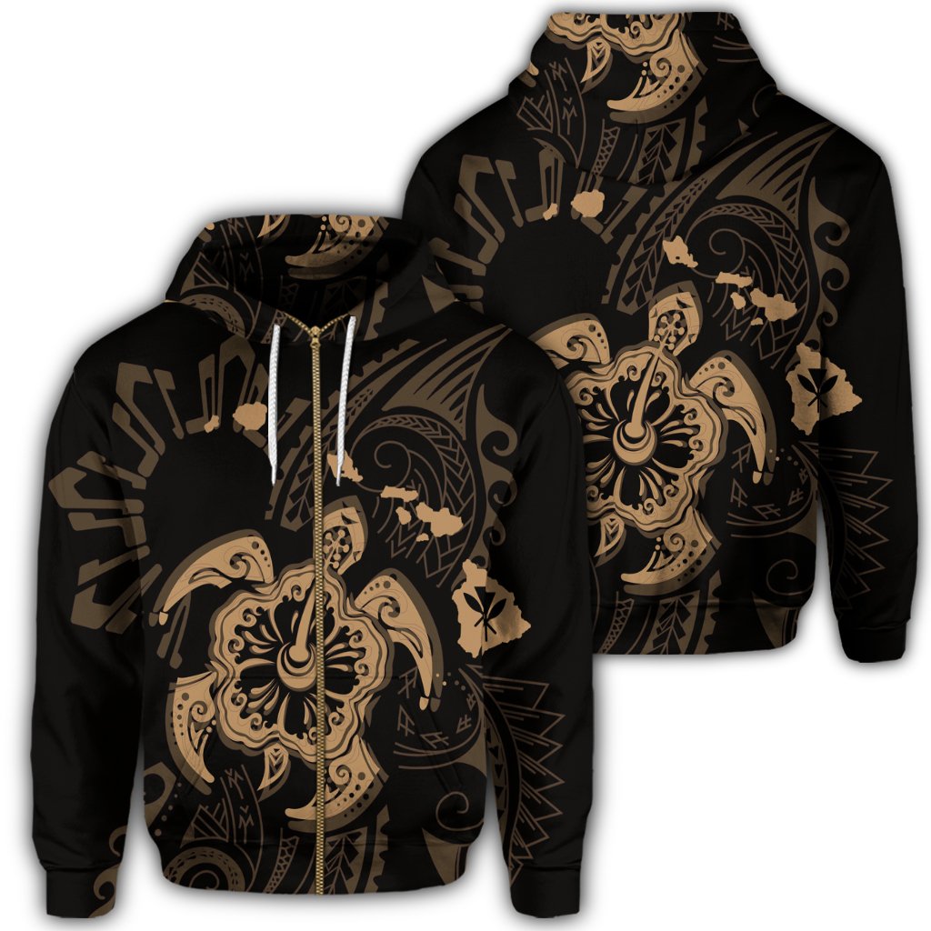 Hawaiian Map Kanaka Hibiscus Turtle Gold Polynesian Zip Hoodie Unisex Art - Polynesian Pride
