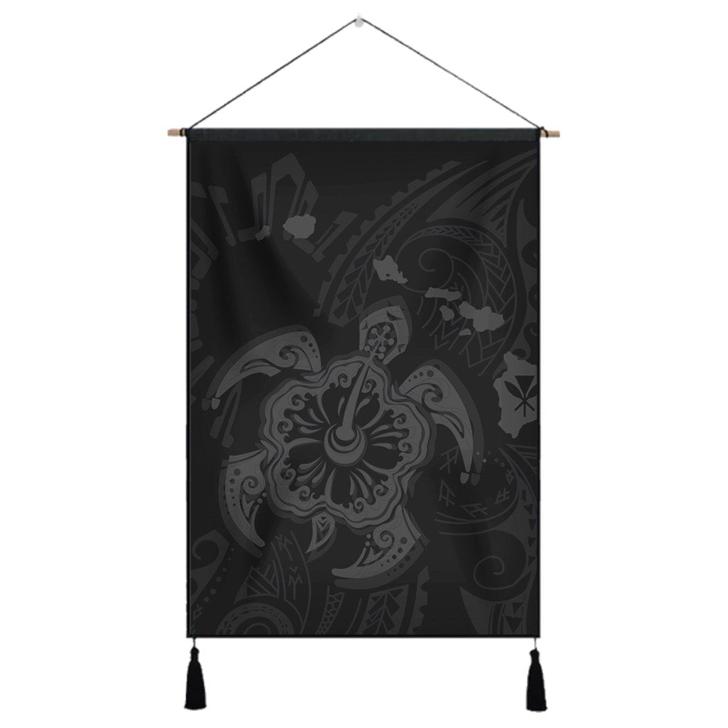 Hawaiian Map Kanaka Hibiscus Turtle Gray Polynesian Hanging Poster - AH Hanging Poster Cotton And Linen - Polynesian Pride