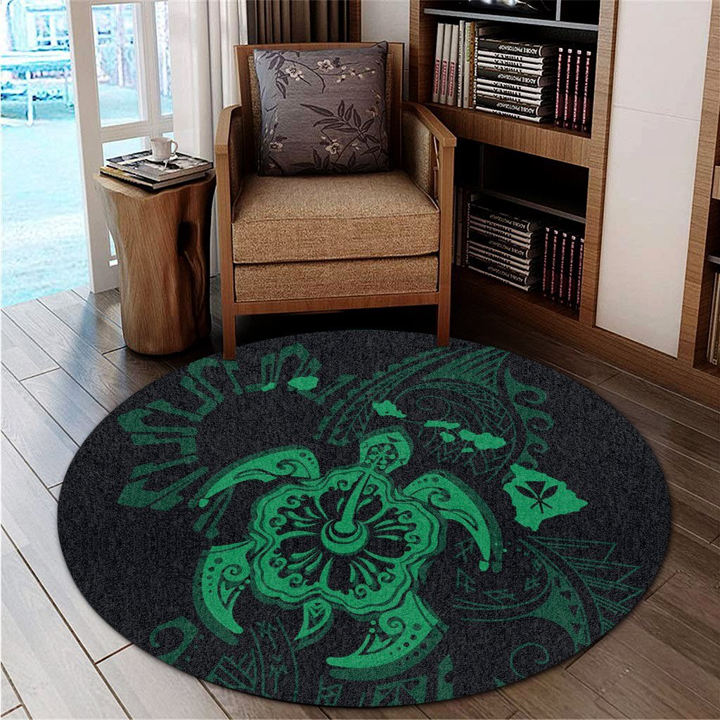 Hawaiian Map Kanaka Hibiscus Turtle Green Polynesian Round Carpet - AH - Polynesian Pride