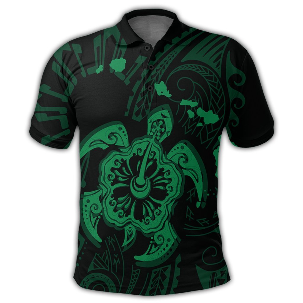 Hawaiian Map Kanaka Hibiscus Turtle Green Polynesian Polo Shirt - Polynesian Pride