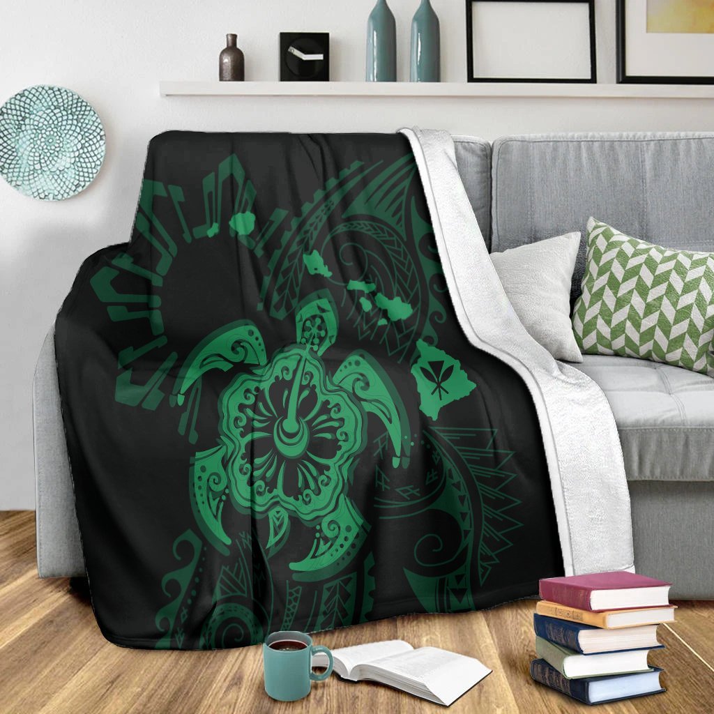 Hawaiian Map Kanaka Hibiscus Turtle Green Polynesian Premium Blankets - AH - Polynesian Pride