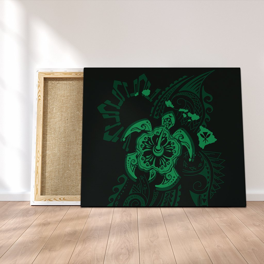 Hawaiian Map Kanaka Hibiscus Turtle Green Polynesian Canvas - AH Canvas Poly-cotton - Polynesian Pride
