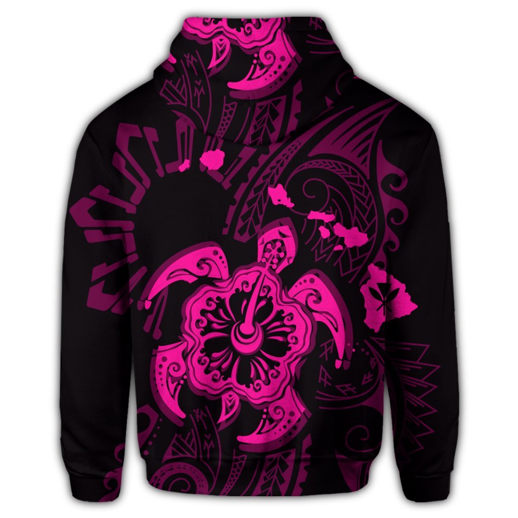 Hawaiian Map Kanaka Hibiscus Turtle Pink Polynesian Zip Hoodie - Polynesian Pride