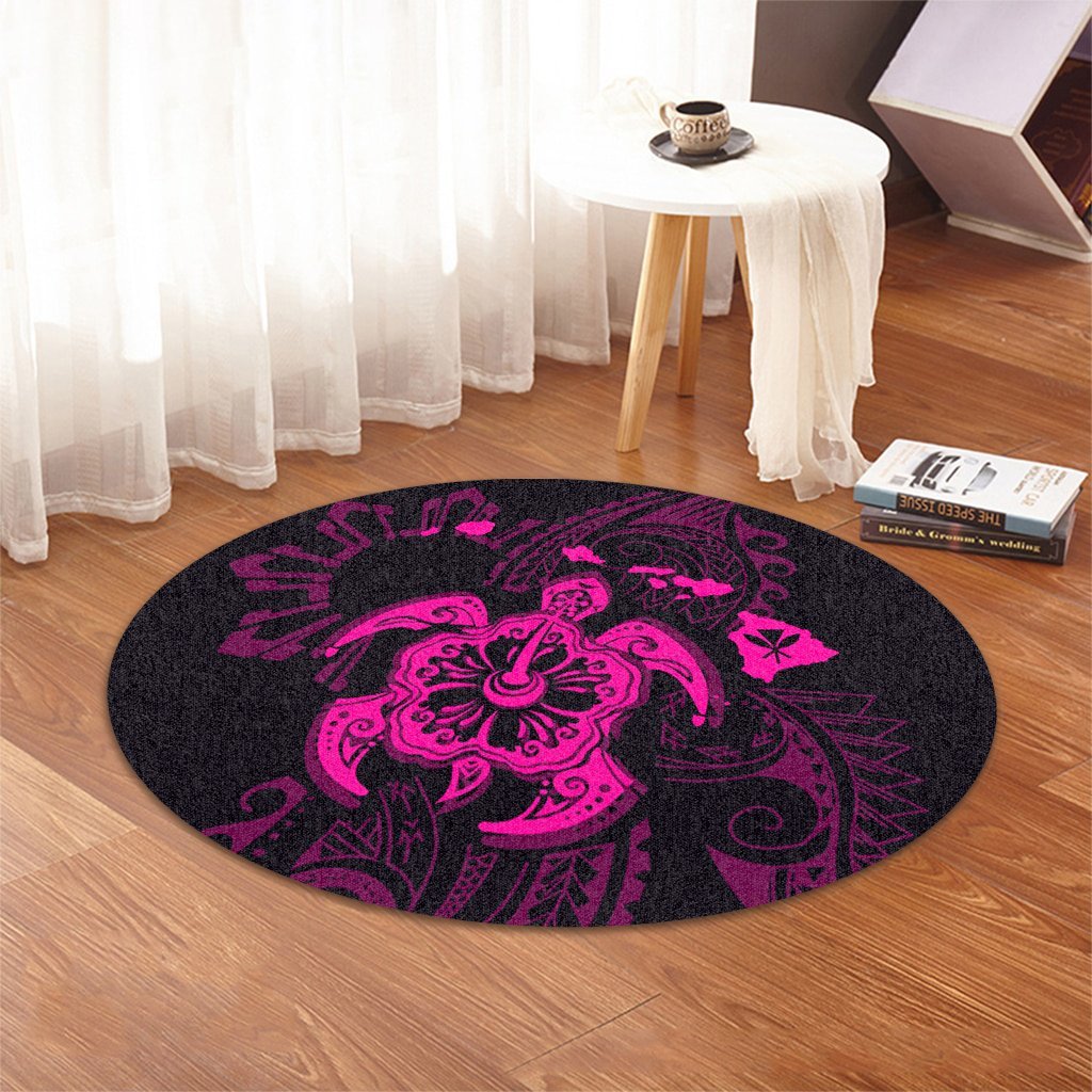 Hawaiian Map Kanaka Hibiscus Turtle Pink Polynesian Round Carpet - AH - Polynesian Pride