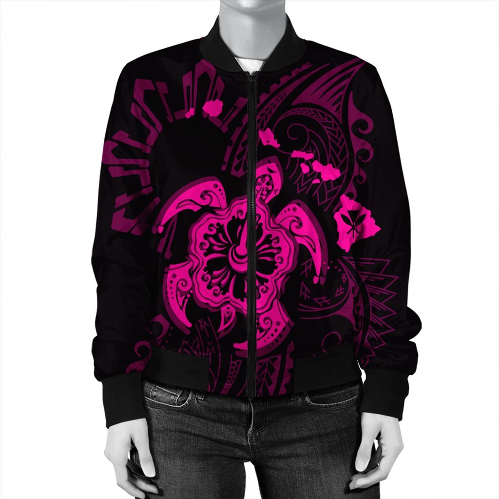 Hawaiian Map Kanaka Hibiscus Turtle Pink Polynesian Bomber Jacket - AH - Polynesian Pride