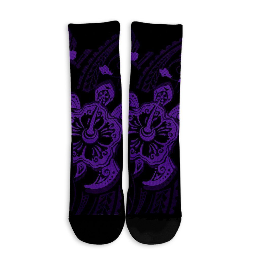 Hawaiian Map Kanaka Hibiscus Turtle Purple Polynesian Crew Socks - AH - Polynesian Pride