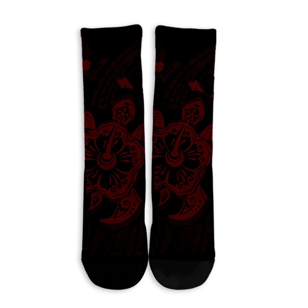 Hawaiian Map Kanaka Hibiscus Turtle Red Polynesian Crew Socks - AH - Polynesian Pride