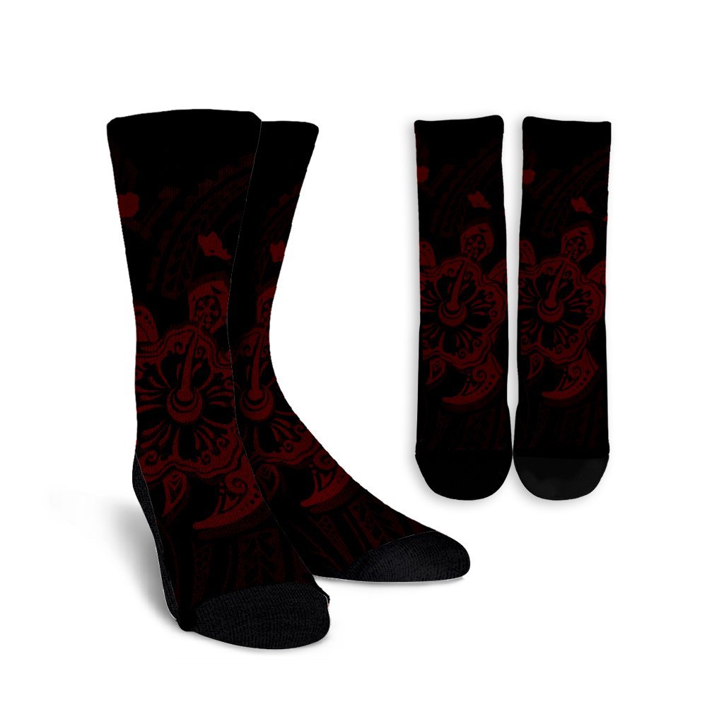 Hawaiian Map Kanaka Hibiscus Turtle Red Polynesian Crew Socks - AH Crew Socks White - Polynesian Pride
