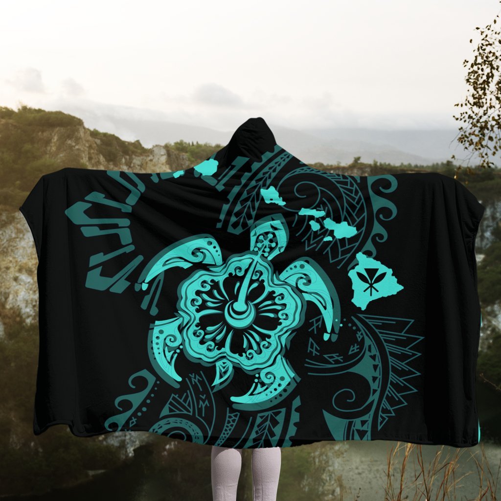 Hawaiian Map Kanaka Hibiscus Turtle Turquoise Polynesian Hooded Blanket - AH - Polynesian Pride