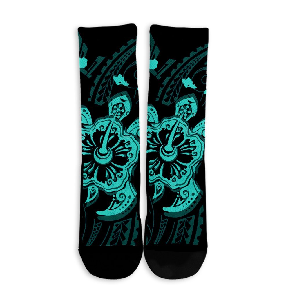 Hawaiian Map Kanaka Hibiscus Turtle Turquoise Polynesian Crew Socks - AH - Polynesian Pride