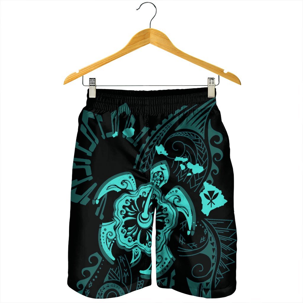 Hawaiian Map Kanaka Hibiscus Turtle Turquoise Polynesian Men's Shorts - AH - Polynesian Pride