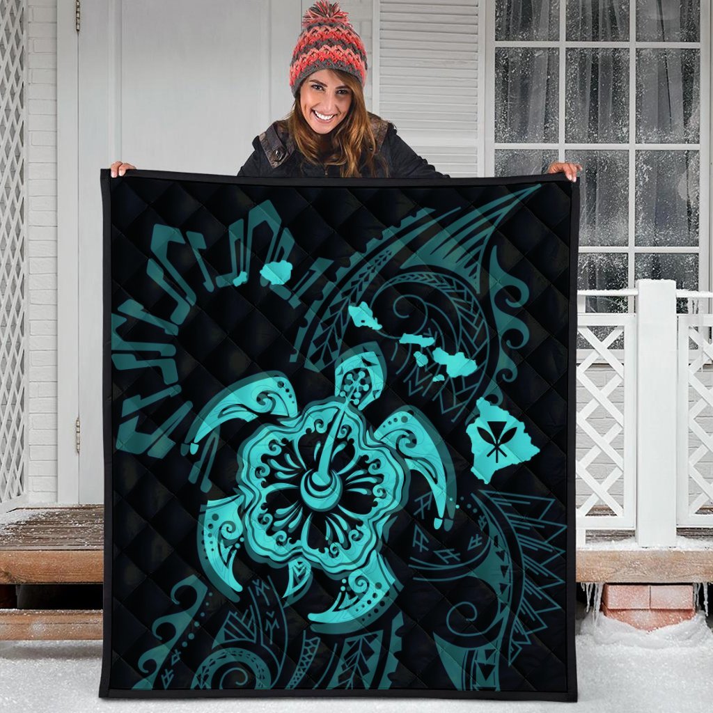Hawaiian Map Kanaka Hibiscus Turtle Turquoise Polynesian Premium Quilts - AH - Polynesian Pride