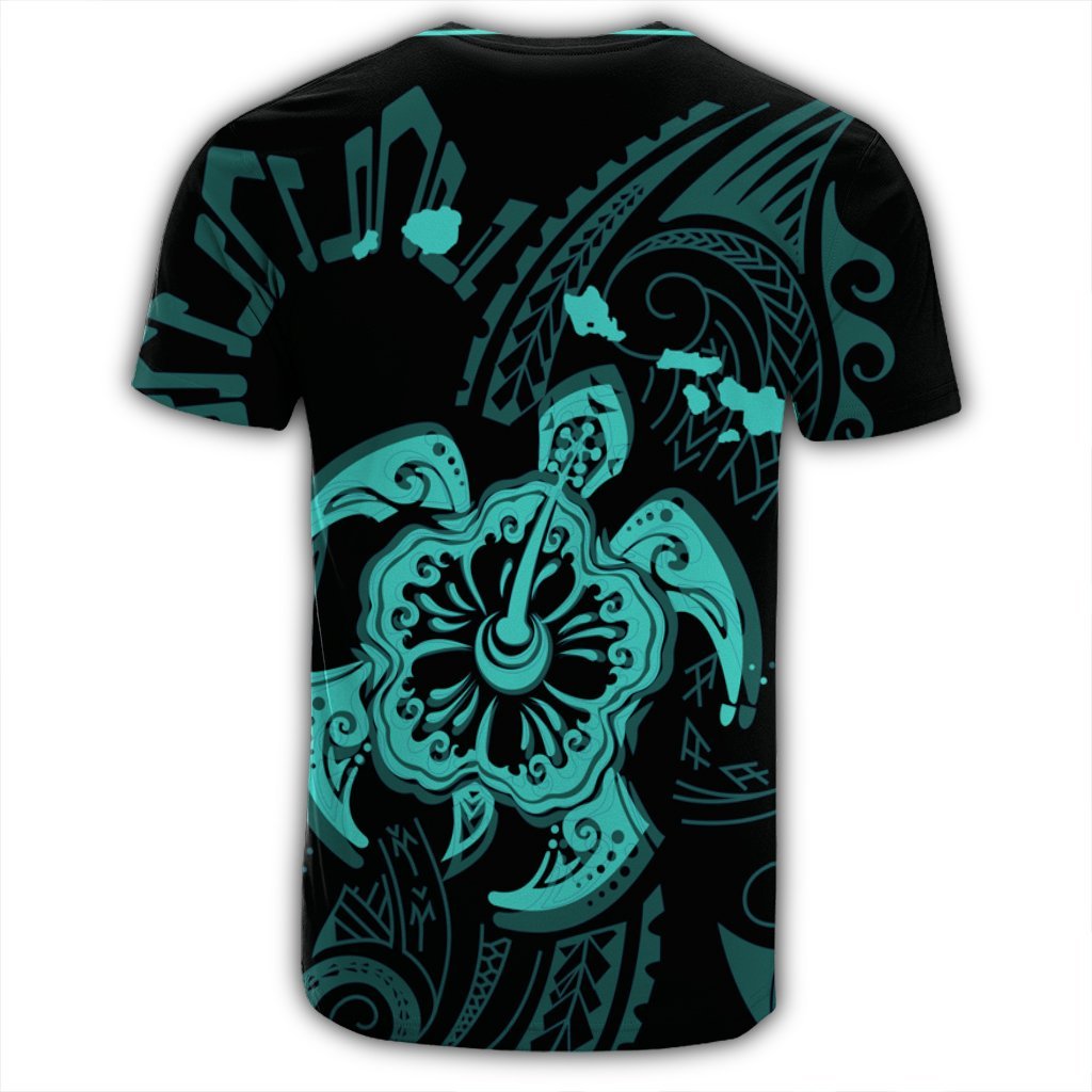 Hawaiian Map Kanaka Hibiscus Turtle Turquoise Polynesian T Shirt - Polynesian Pride
