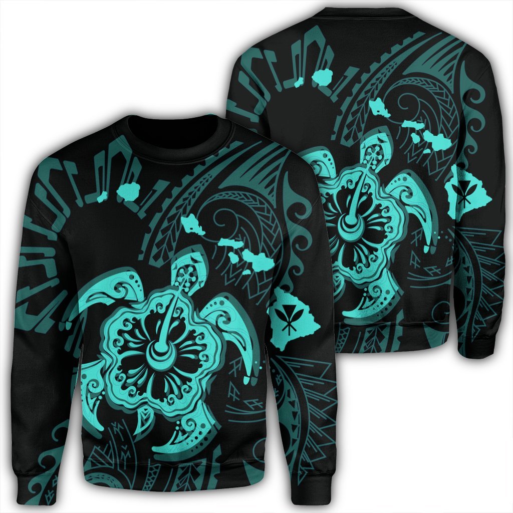 Hawaiian Map Kanaka Hibiscus Turtle Turquoise Polynesian Sweatshirt - AH Unisex Black - Polynesian Pride