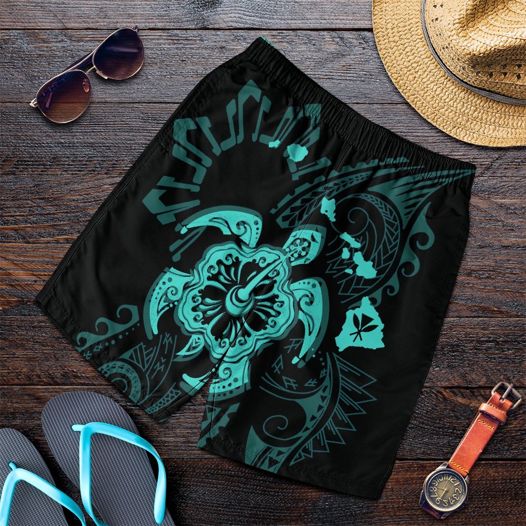 Hawaiian Map Kanaka Hibiscus Turtle Turquoise Polynesian Men's Shorts - AH Art - Polynesian Pride