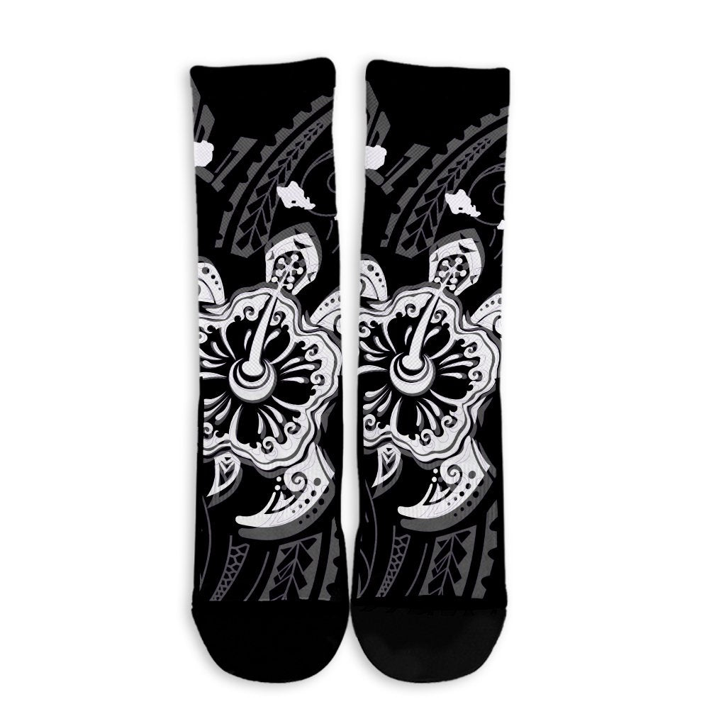 Hawaiian Map Kanaka Hibiscus Turtle White Polynesian Crew Socks - AH - Polynesian Pride