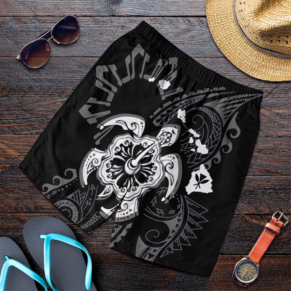Hawaiian Map Kanaka Hibiscus Turtle White Polynesian Men's Shorts - AH Art - Polynesian Pride