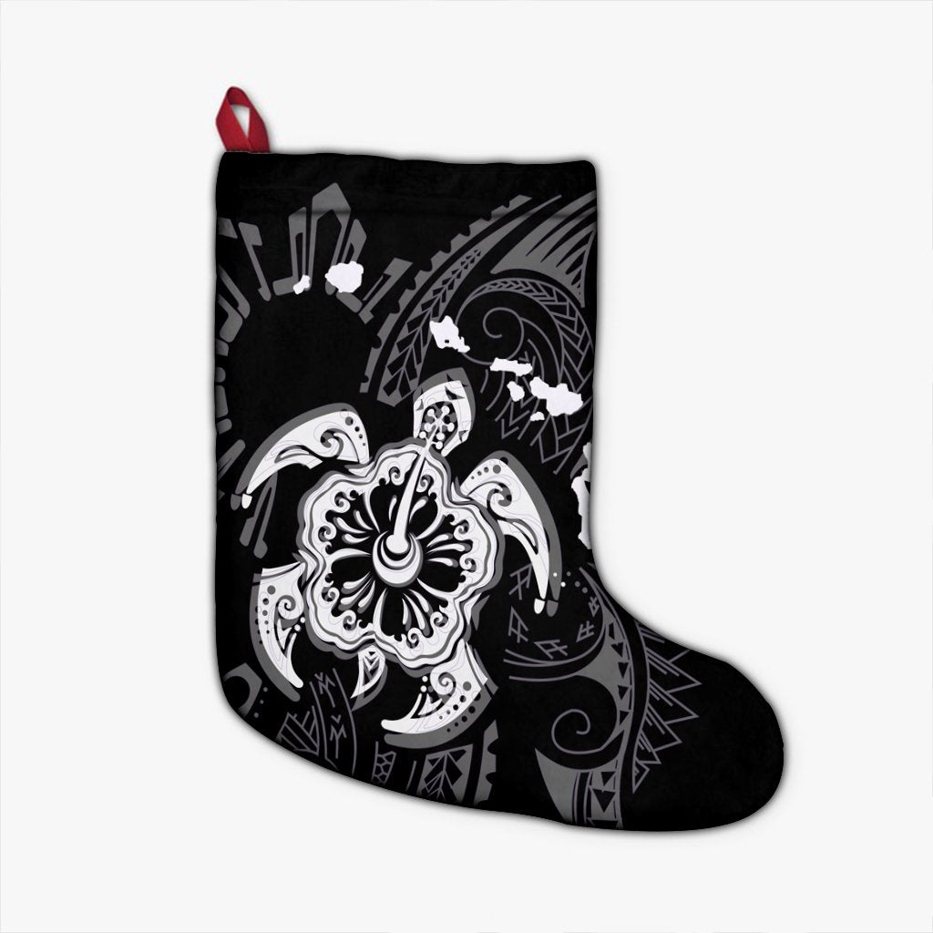 Hawaiian Map Kanaka Hibiscus Turtle White Polynesian Christmas Stocking - AH Christmas Stocking 26 X 42 cm Black - Polynesian Pride