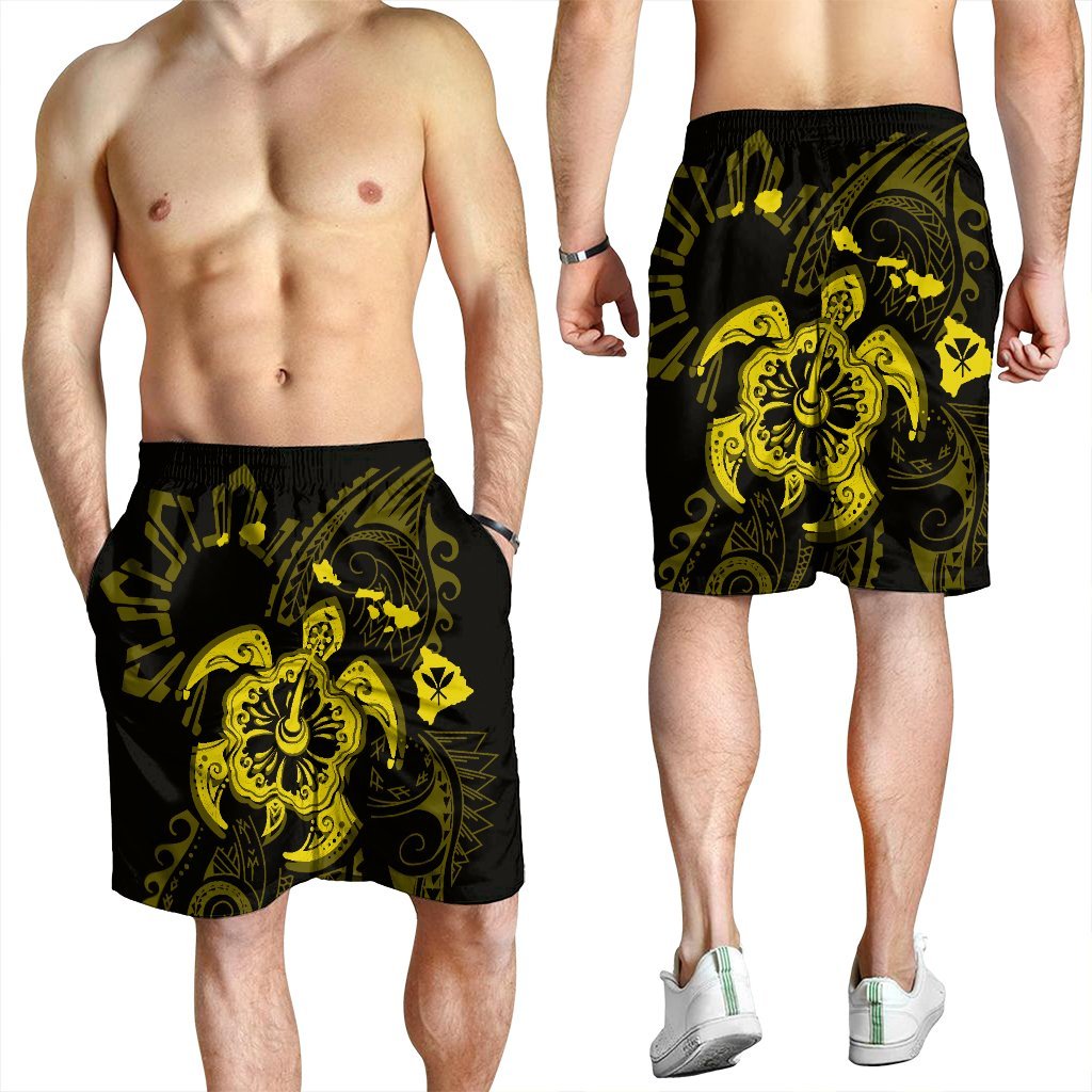 Hawaiian Map Kanaka Hibiscus Turtle Yellow Polynesian Men's Shorts - AH - Polynesian Pride