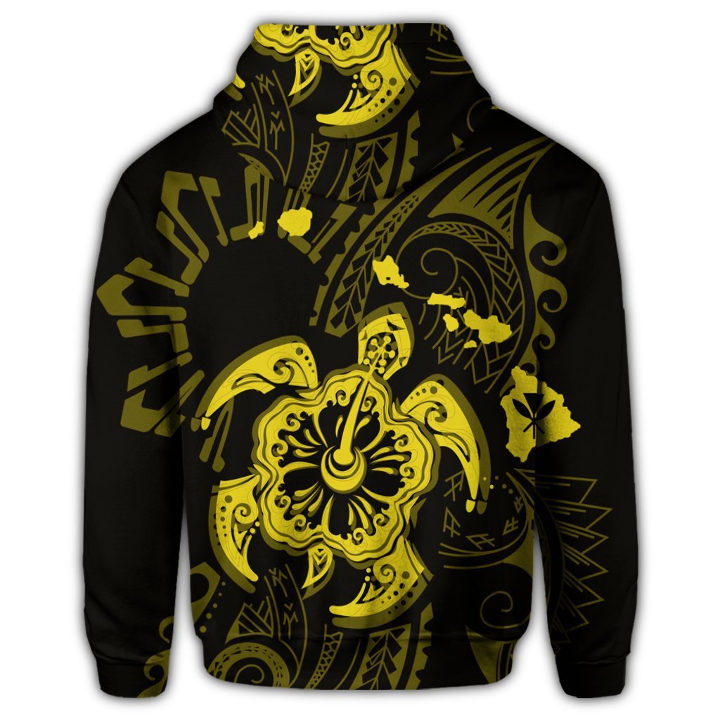 Hawaiian Map Kanaka Hibiscus Turtle Yellow Polynesian Zip Hoodie - Polynesian Pride