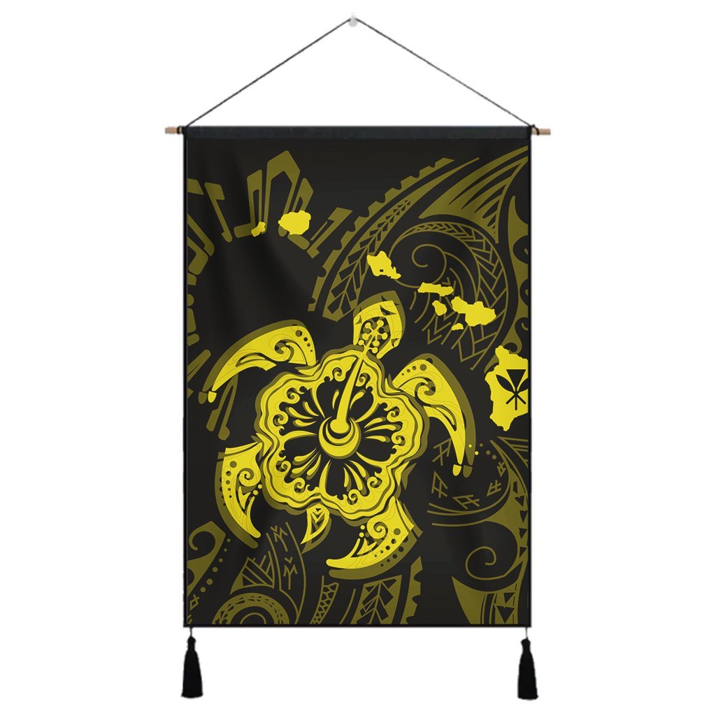 Hawaiian Map Kanaka Hibiscus Turtle Yellow Polynesian Hanging Poster - AH Hanging Poster Cotton And Linen - Polynesian Pride