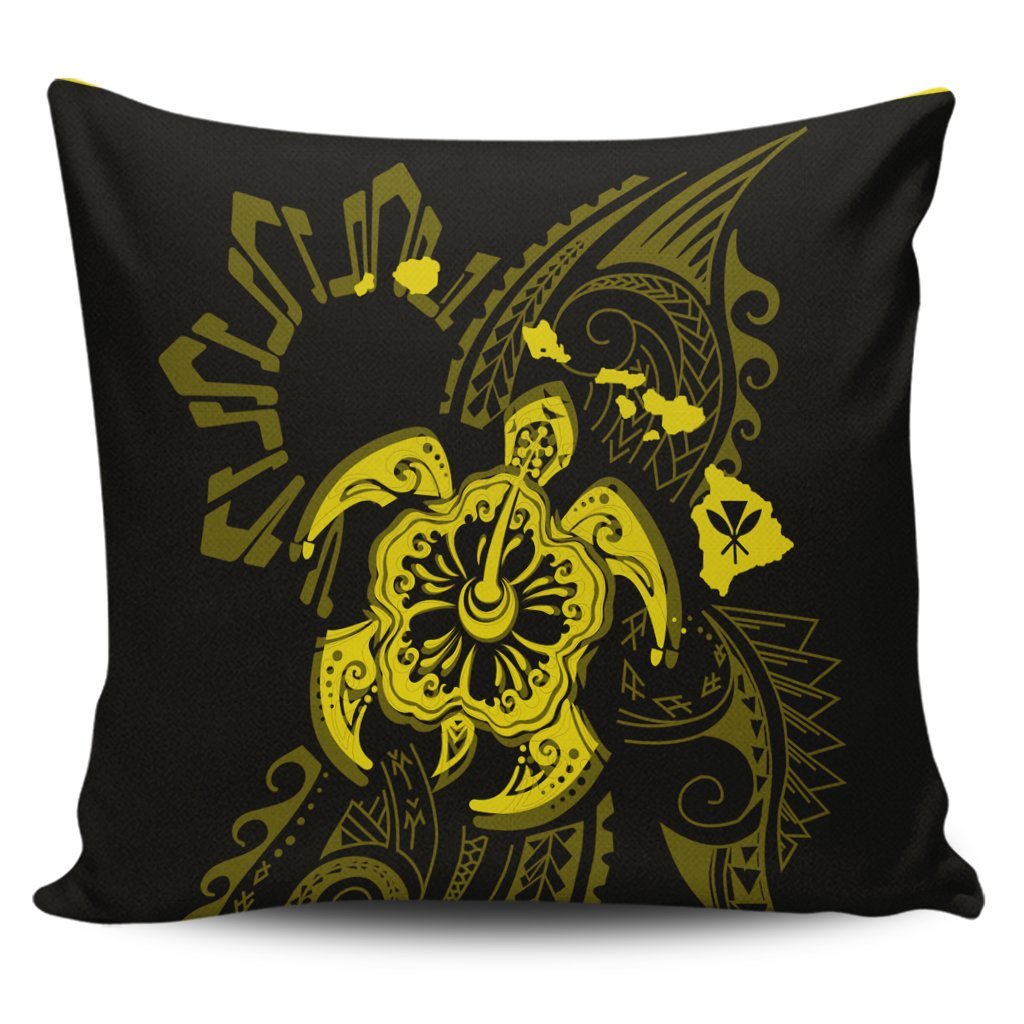 Hawaiian Map Kanaka Hibiscus Turtle Yellow Polynesian Pillow Covers - AH Pillow Covers Black - Polynesian Pride