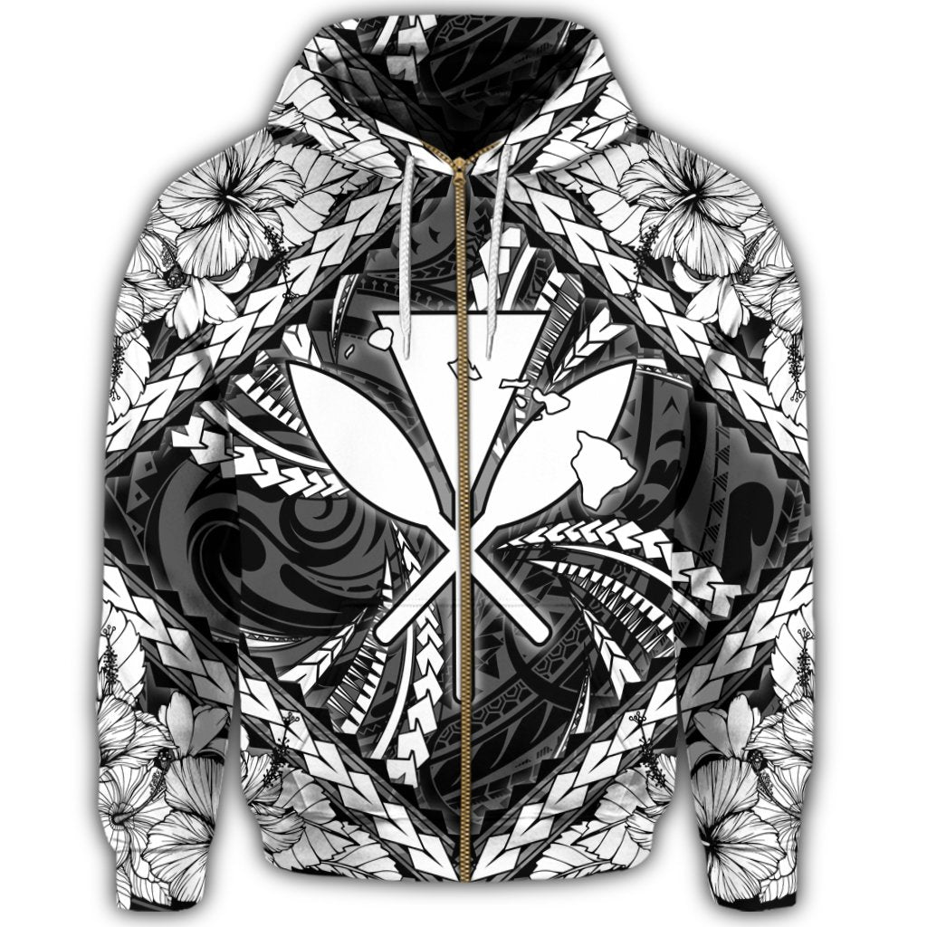 Hawaiian Map Kanaka Hibiscus White Polynesian Zip Hoodie - Polynesian Pride