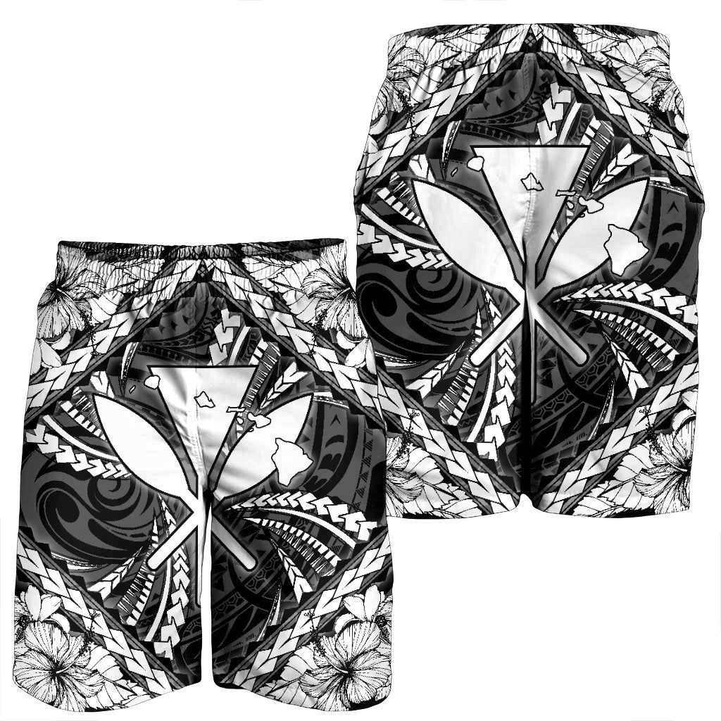 Hawaiian Map Kanaka Hibiscus White Polynesian Men's Shorts - AH - Polynesian Pride