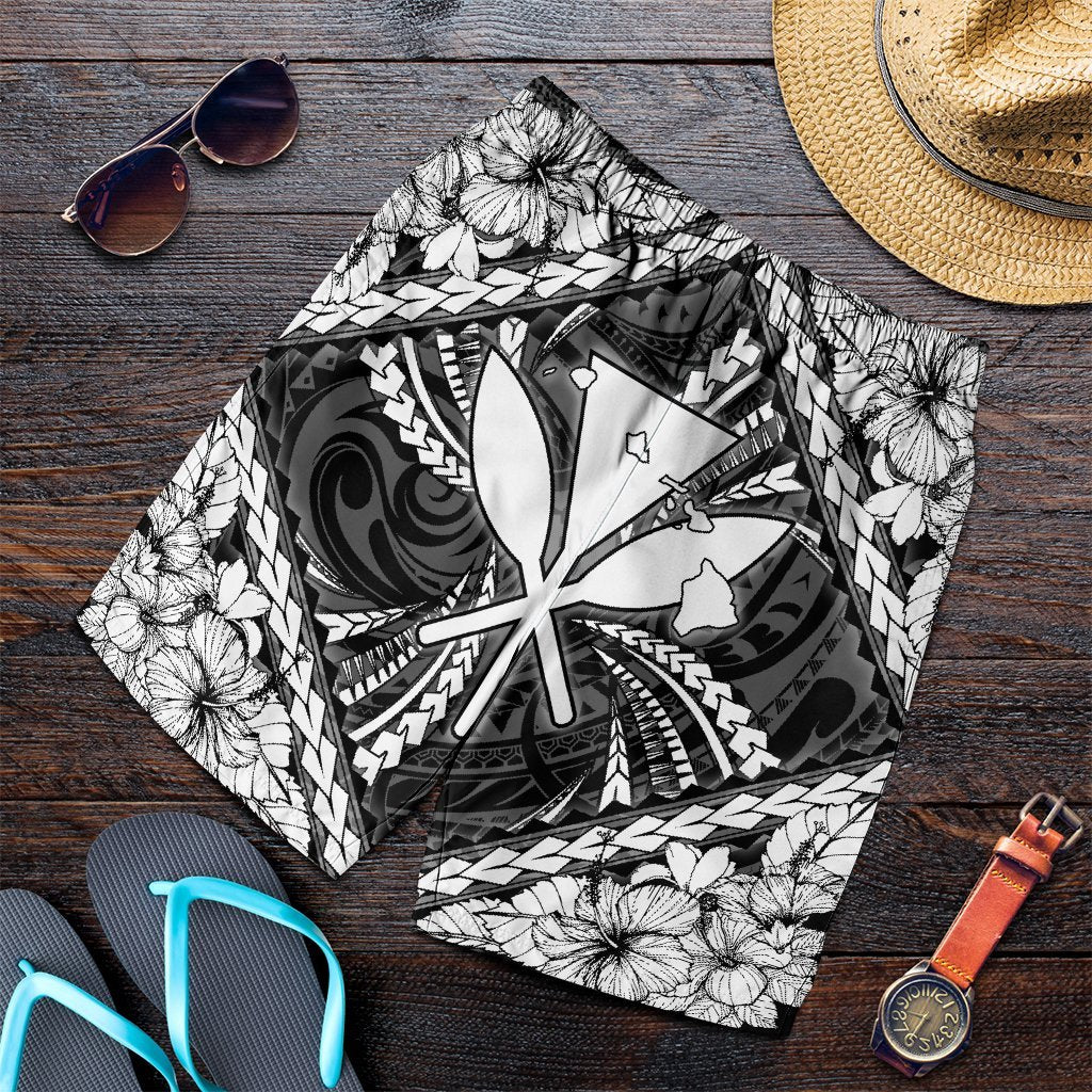 Hawaiian Map Kanaka Hibiscus White Polynesian Men's Shorts - AH Art - Polynesian Pride
