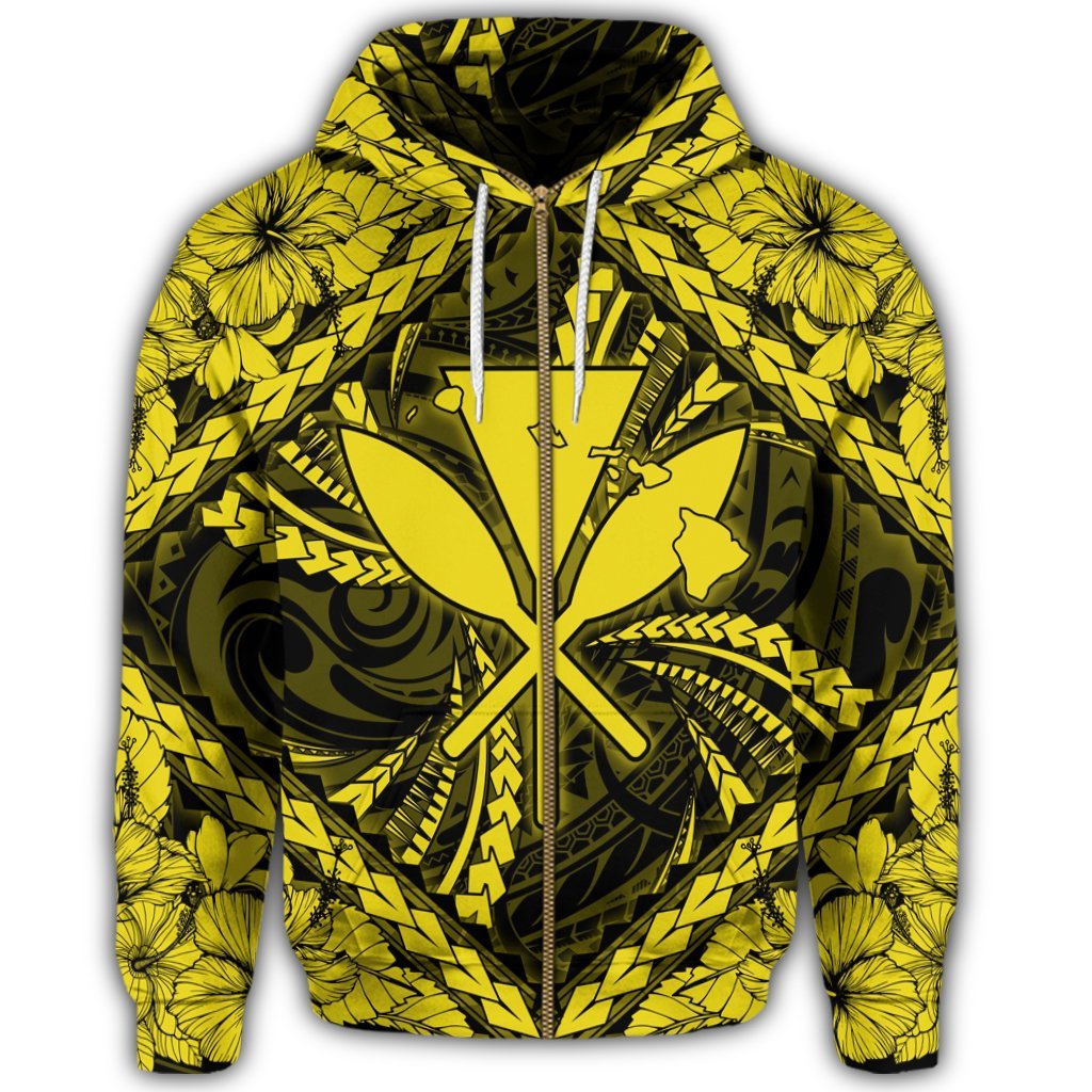 Hawaiian Map Kanaka Hibiscus Yellow Polynesian Zip Hoodie - Polynesian Pride