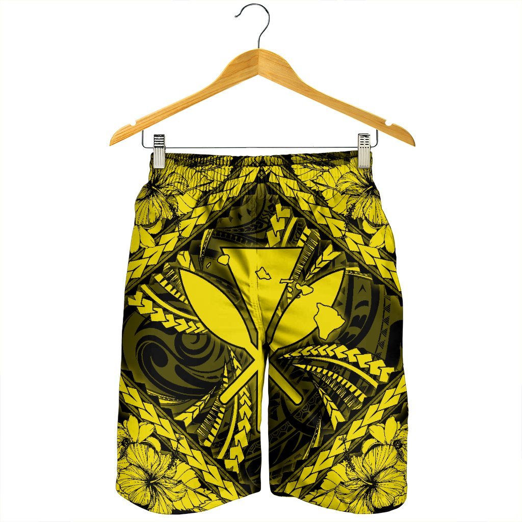 Hawaiian Map Kanaka Hibiscus Yellow Polynesian Men's Shorts - AH - Polynesian Pride