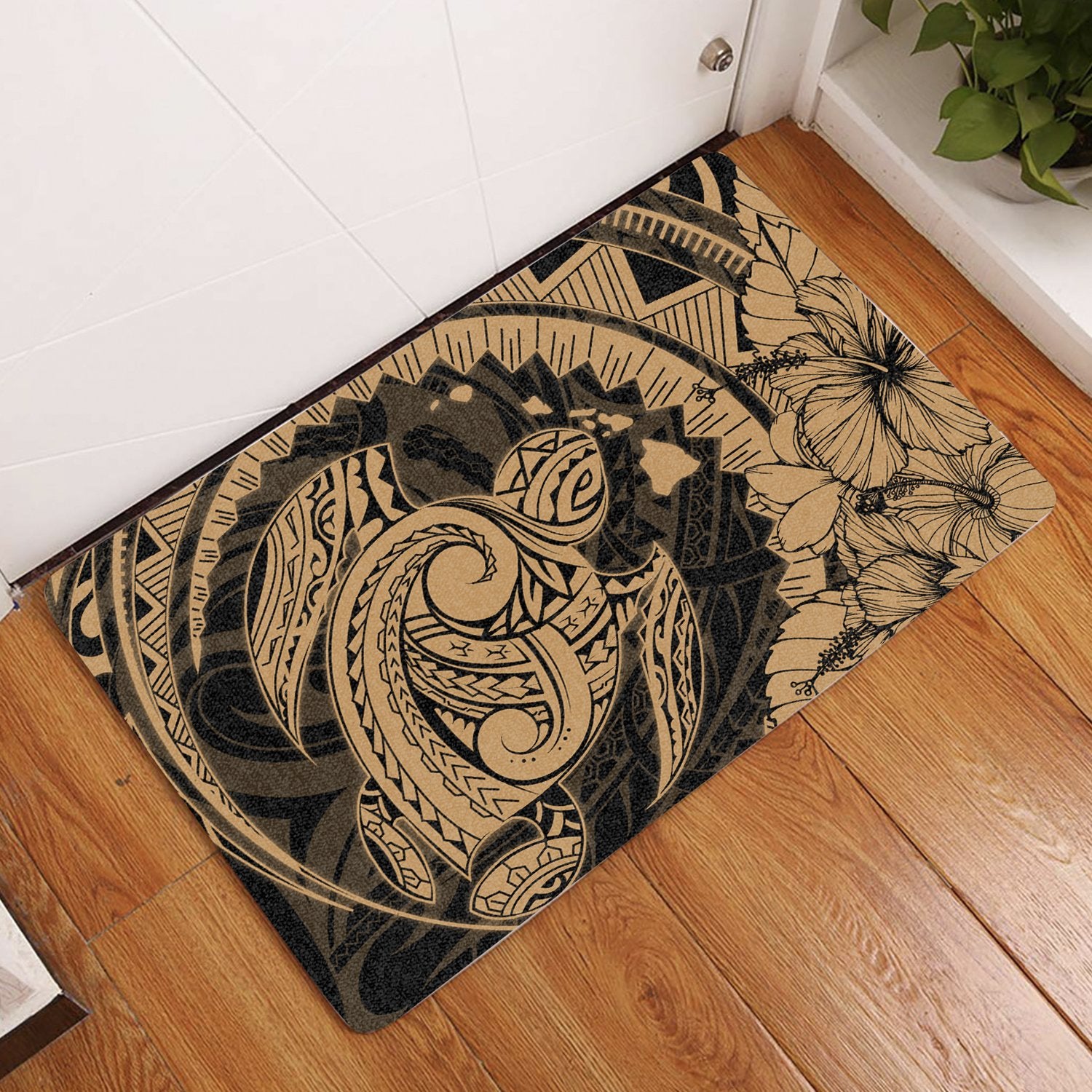 Hawaiian Map Kanaka Honu Hibiscus Globular Polynesian Door Mat Gold AH Door Mat Gold - Polynesian Pride