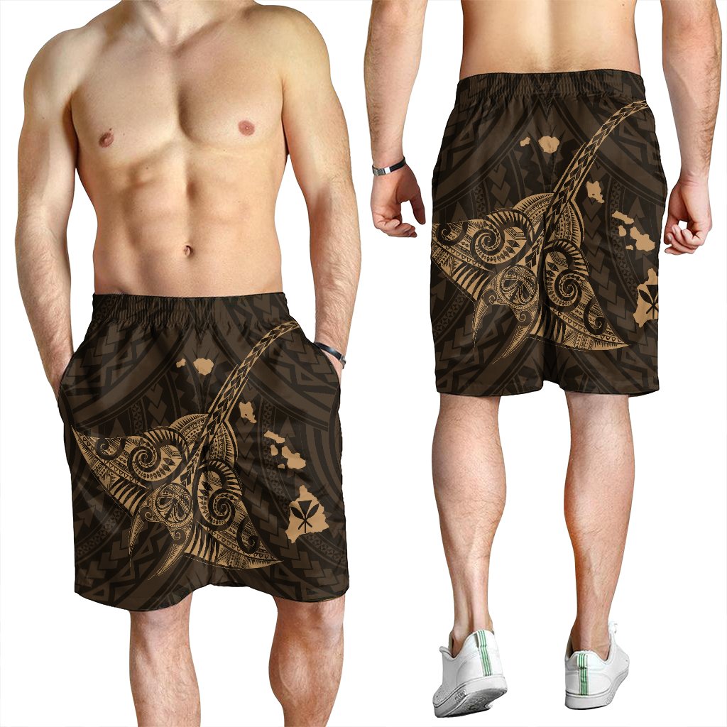 Hawaiian Map Kanaka Manta Ray Polynesian Men's Shorts Gold - AH - Polynesian Pride
