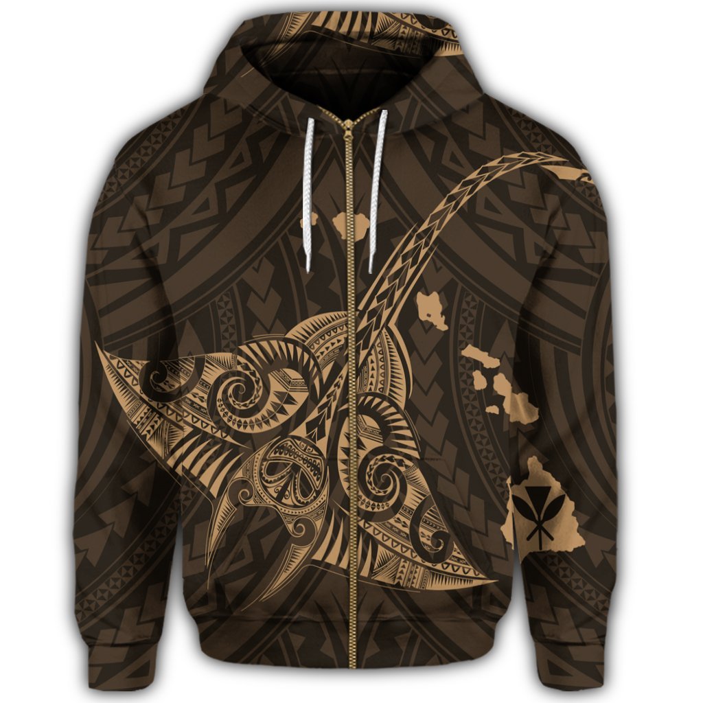 Hawaiian Map Kanaka Manta Ray Polynesian Zip Hoodie Gold - Polynesian Pride