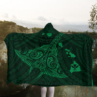 Hawaiian Map Kanaka Manta Ray Polynesian Hooded Blanket Green - AH - Polynesian Pride