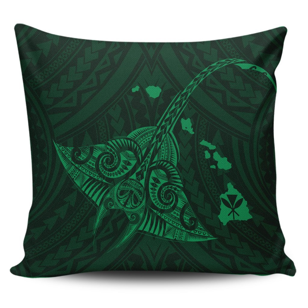 Hawaiian Map Kanaka Manta Ray Polynesian Pillow Covers Green - AH Pillow Covers Black - Polynesian Pride