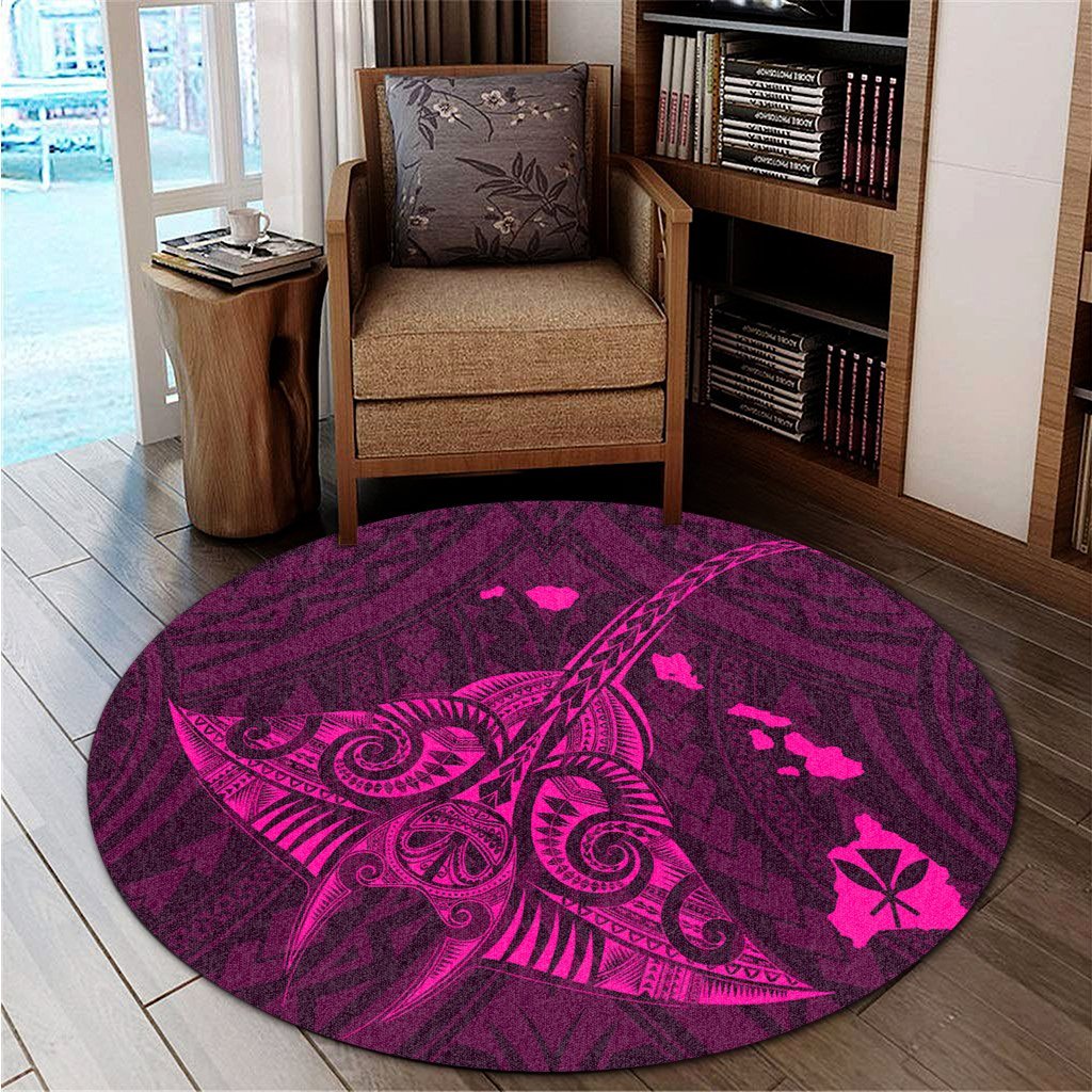 Hawaiian Map Kanaka Manta Ray Polynesian Round Carpet Pink - AH - Polynesian Pride