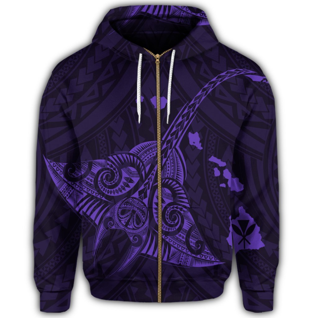 Hawaiian Map Kanaka Manta Ray Polynesian Zip Hoodie Purple - Polynesian Pride