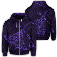 Hawaiian Map Kanaka Manta Ray Polynesian Zip Hoodie Purple Unisex Art - Polynesian Pride