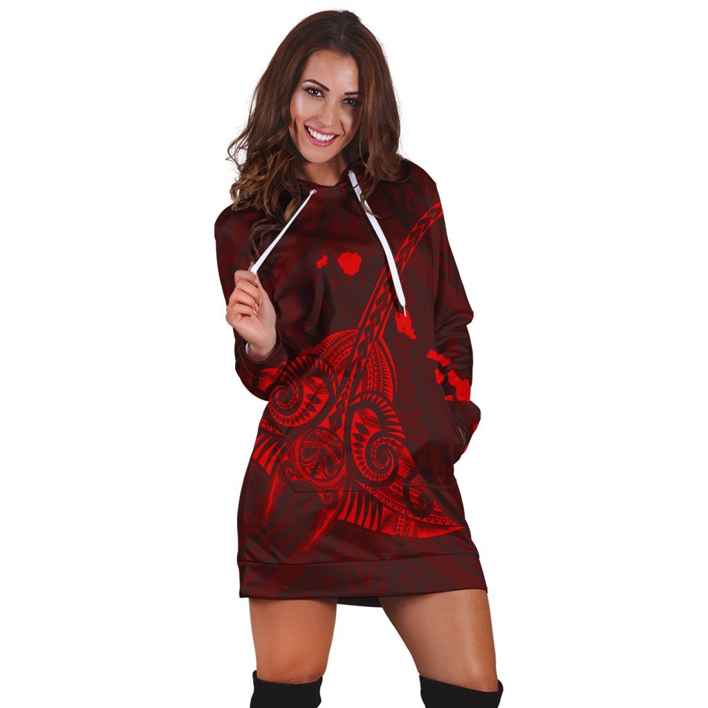 Hawaiian Map Kanaka Manta Ray Polynesian Hoodie Dress Red - AH - Polynesian Pride