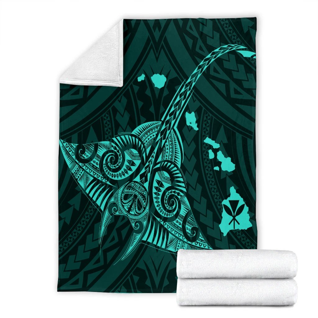 Hawaiian Map Kanaka Manta Ray Polynesian Premium Blankets Turquoise - AH - Polynesian Pride