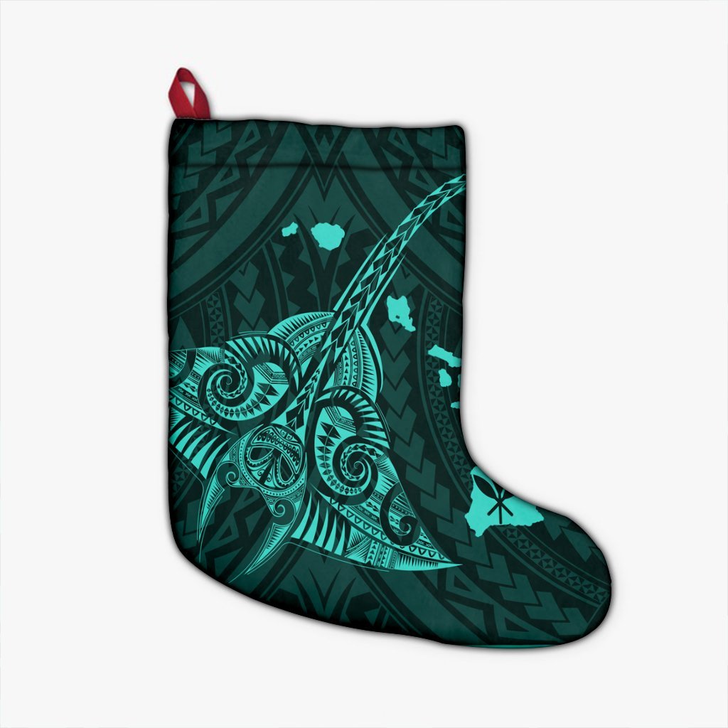 Hawaiian Map Kanaka Manta Ray Polynesian Christmas Stocking Turquoise - AH Christmas Stocking 26 X 42 cm Black - Polynesian Pride