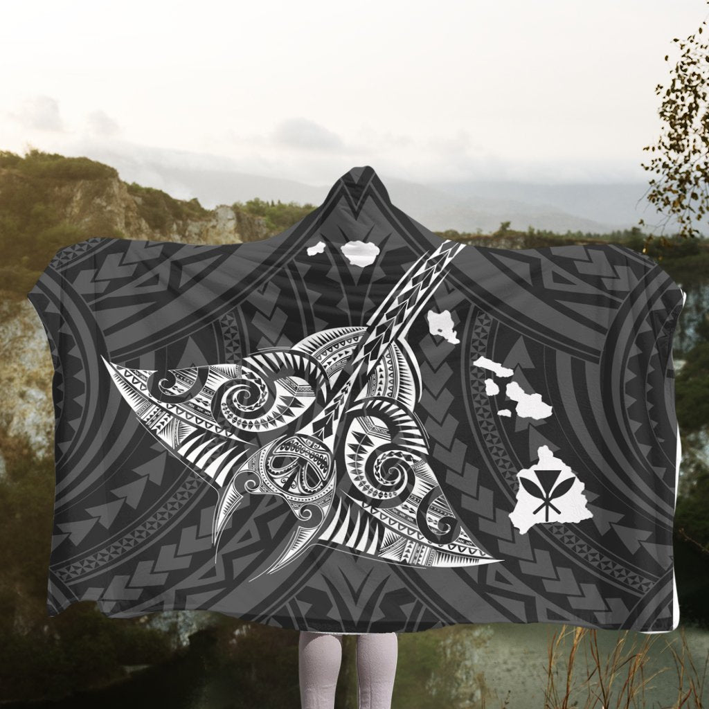 Hawaiian Map Kanaka Manta Ray Polynesian Hooded Blanket White - AH - Polynesian Pride