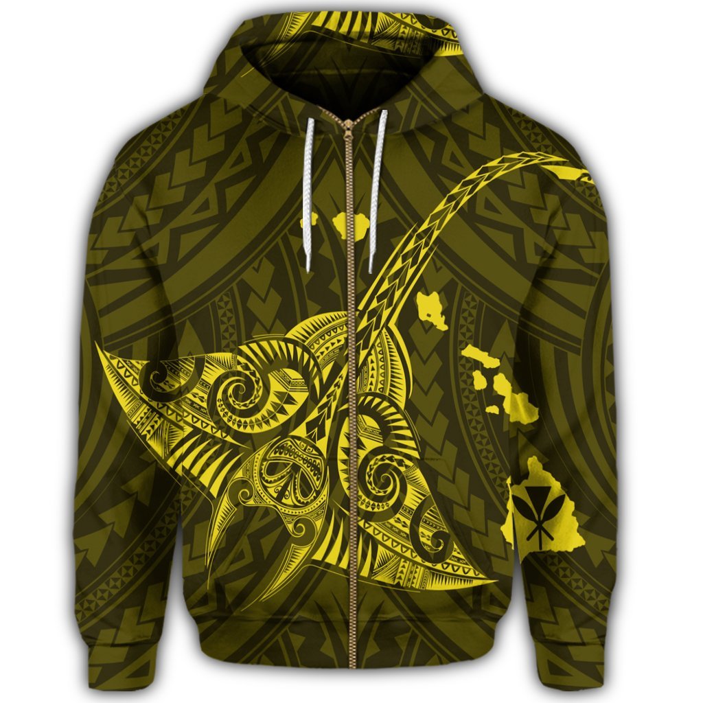 Hawaiian Map Kanaka Manta Ray Polynesian Zip Hoodie Yellow - Polynesian Pride