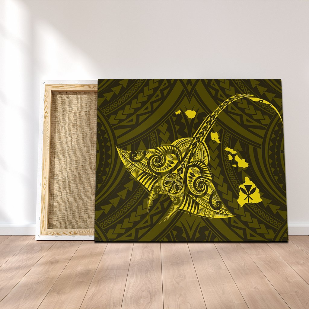 Hawaiian Map Kanaka Manta Ray Polynesian Canvas Yellow - AH Canvas Poly-cotton - Polynesian Pride