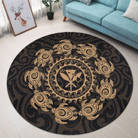 Hawaiian Map Kanaka Turtles Circle Style Gold Polynesian Round Carpet - AH - Polynesian Pride