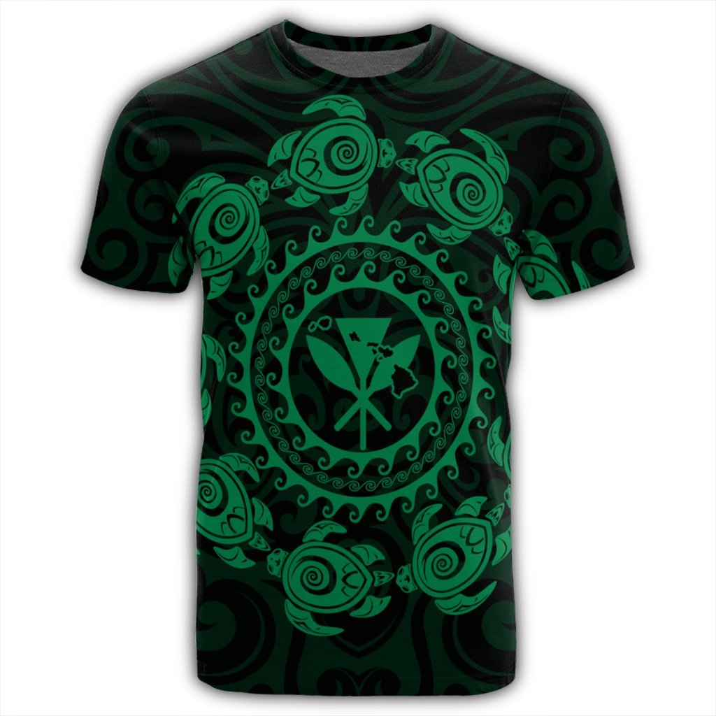 Hawaiian Map Kanaka Turtles Circle Style Green Polynesian T Shirt - Polynesian Pride