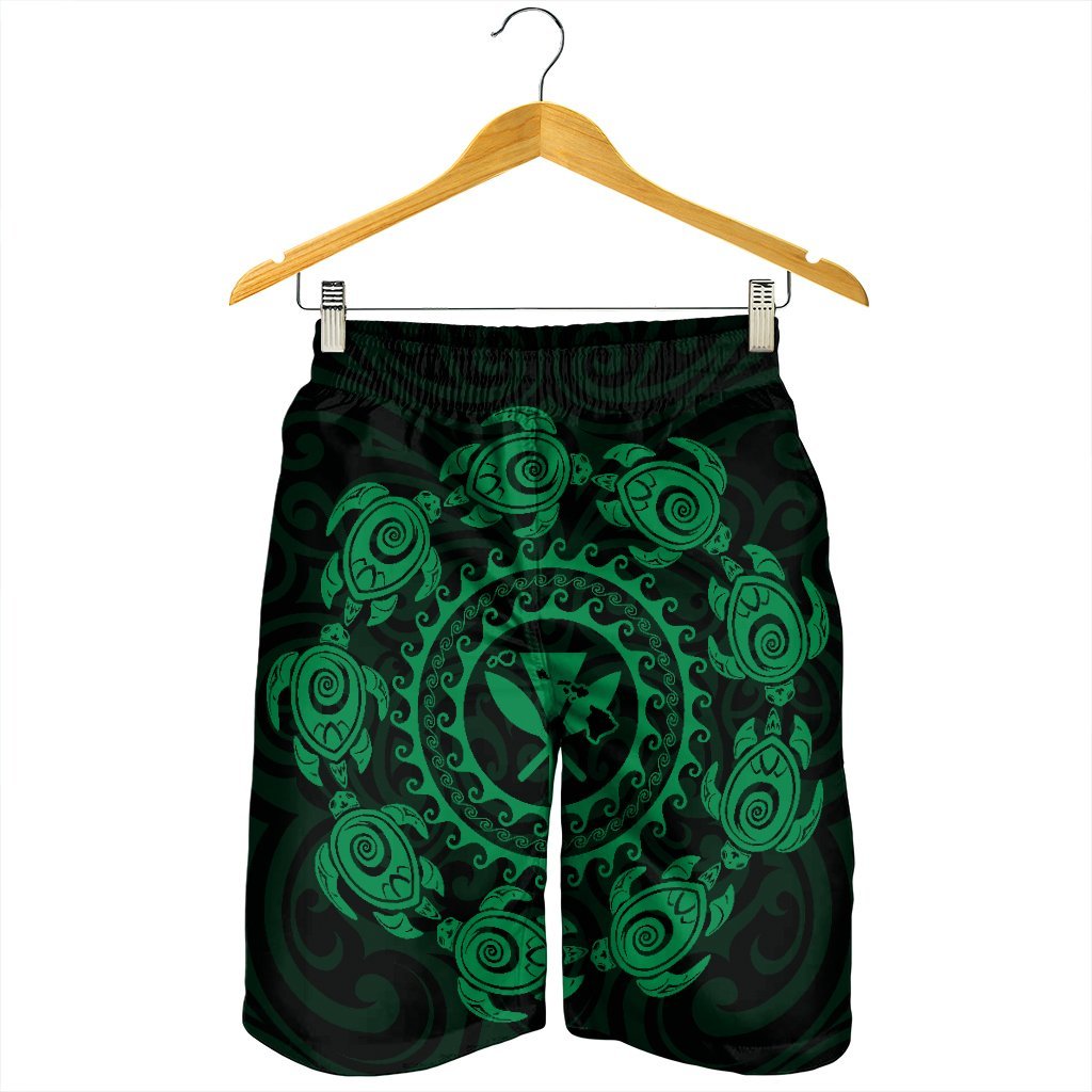 Hawaiian Map Kanaka Turtles Circle Style Green Polynesian Men's Shorts - AH - Polynesian Pride