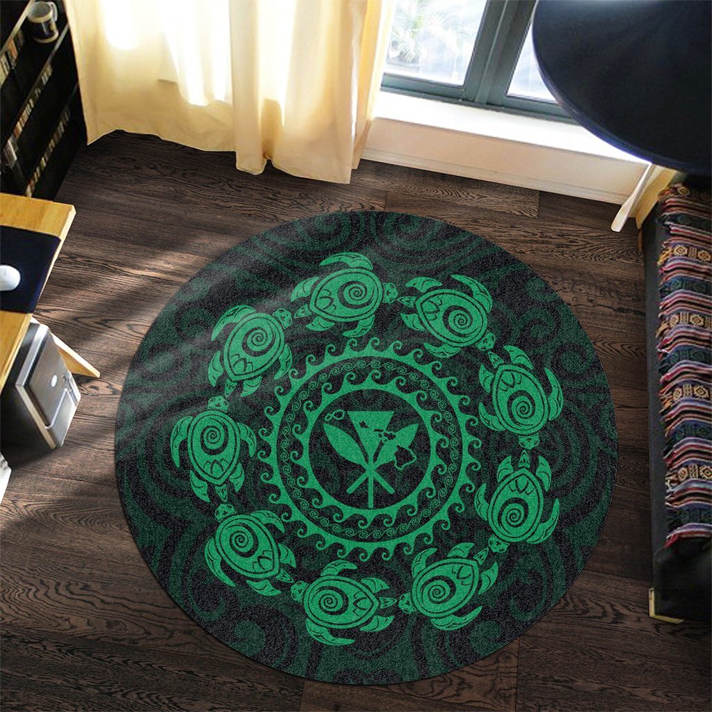 Hawaiian Map Kanaka Turtles Circle Style Green Polynesian Round Carpet - AH - Polynesian Pride